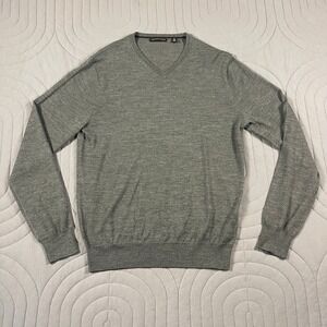 Saks Fifth Avenue Mens Gray Merino Wool Blend V-Neck Sweater Size Medium